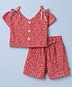 Dew Drops Cotton Woven Half Sleeves Floral Printed Top & Shorts Co-Ords Set With Bow Applique - Red