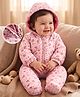 Babyhug Woven Full Sleeves Footed Hooded Winter Wear Romper With Floral Print - Pink