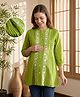 Bella Mama Woven Three Fourth Sleeves Mandarin Collar Neck Floral Embroidered Maternity Top - Lime Gren