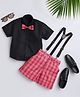 Jeet Ethnics Cotton Blend Knit Half Sleeves Solid Shirt & Shorts With Bow & Suspender Set - Black & Red