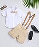 Jeet Ethnics Cotton Blend Knit Half Sleeves Solid Shirt & Shorts With Bow & Suspender Set - White & Beige
