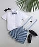 Jeet Ethnics Cotton Blend Knit Half Sleeves Solid Shirt & Shorts With Bow & Suspender Set - White & Blue