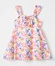 Dew Drops Cotton Knit Frilled Frock with Sleeveless and Floral Print in Pink
