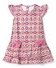 Dew Drops Cotton Knit Frock with Half Sleeves, Frill Sleeves and Geometric Pattern Print in Pink