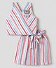 Dew Drops Cotton Woven Sleeveless Striped Top and Skirt Co-Ords Set With Bear Applique - White