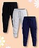 NUSYL Cotton Blend Knit Pack Of 3 Solid Cargo Styled Joggers - Black Navy Blue & Grey