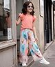 OLLINGTON ST. Sinker Cotton Knit Half Sleeve Top With Pleated Georgette Floral  Printed Culottes - Peach