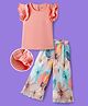 OLLINGTON ST. Sinker Cotton Knit Half Sleeve Top With Pleated Georgette Floral  Printed Culottes - Peach