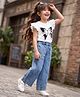 OLLINGTON ST. Set Of Cotton Knit Half Sleeve Top & Flared Pant Set With Butterfly Applique  - White & Blue