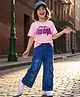 OLLINGTON ST. Cotton Knit Half Sleeve Text Printed Top & Denim Culottes  Set - Pink & Blue
