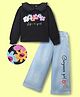 OLLINGTON ST. Sinker Knit Full Sleeves Top & Flared Bottom With Floral & Text Print - Black & Blue