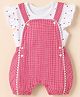 ToffyHouse Interlock Knit Half Sleeves Dungaree with Hearts Print & Checks - Red