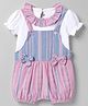 ToffyHouse Interlock Knit Striped Dungarees With Half Sleeves T-Shirt & Bow Applique - Pink