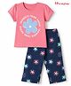 Honeyhap Premium 100 % Cotton Knit Floral Printed T-Shirt & Pyjama Night Suit - Pink & Navy Blue