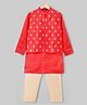 Pine Kids Woven Full Sleeves Solid Colour Kurta Pajama Set with Floral Embroidered Nehru Jacket - Red