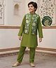 Pine Kids Woven Full Sleeves Kurta Pajama Set with Floral Printed Nehru Jacket - Olive