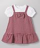 Babyoye Cotton Woven Half Sleeves Checks Dress With Bow Applique - Red & White
