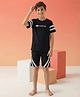 Lil Tomatoes Cotton Knit Half Sleeves Striped & Typography Printed Tee & Shorts Night Suit - Black