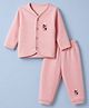 Little Darlings Fleece Knit Full Sleeves Co-Ords T-Shirt & Pyjama Winter Wear Night Suit with Squirrel Print - Coral