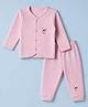 Little Darlings Fleece Knit Full Sleeves Co-Ords T-Shirt & Pyjama Winter Wear Night Suit with Bunny Print - Pink