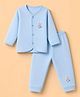 Little Darlings Fleece Knit Full Sleeves Co-Ords T-Shirt & Pyjama Winter Wear Night Suit with Cat Print -  Sky Blue
