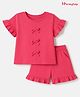Honeyhap Premium 100%  Cotton Knit Half Sleeves Solid Colour Co-ords Top & Shorts Set with Bow Applique - Coral