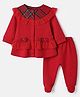 ToffyHouse Knit Interlock Full Sleeves Top and Joggers Set With Bow Applique - Red