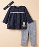 ToffyHouse Interlock Full Sleeves Knit Top & Pants Set With Polka Dot Print & Teddy Bear Patch & Headband - Navy