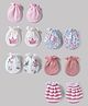 Ben Benny Interlock Knit Striped Mittens With Floral & Crown Print Pack of 6 - White , Pink & Blue