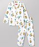 Babyhug Cotton Knit Full Sleeves Front Open Cub Printed Co-Ords Shirt & Pyjama Night Suit  -White