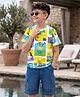 OLLINGTON ST. Sinker Knit Half Sleeves Printed T-Shirt & Denim Shorts - White & Navy Blue