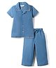 Bonfino Woven Half Sleeves Denim Top & Trouser Set with Blanket Stitch Detailing - Blue
