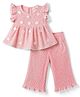 Bonfino 100% Cotton Woven Sleeveless Crochet Peplum Top & Flared Pant With 3-d Floral Applique - Pink