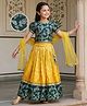 Pine Kids Woven Half Sleeves Lehenga Choli & Dupatta Set With Floral Zari Work - Yellow & Dark Green