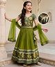 Pine Kids Woven Half Sleeves Lehenga Choli & Dupatta Set With Floral Print & Lace Detailing - Olive Green
