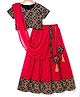 Pine Kids Woven Half Sleeves Lehenga Choli & Dupatta Set With Floral Embroidery - Red
