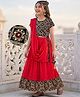 Pine Kids Woven Half Sleeves Lehenga Choli & Dupatta Set With Floral Embroidery - Red