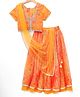 Pine Kids Woven Half Sleeves Floral Embroidery & Lehariya Print Lehenga Choli With Dupatta Set - Orange