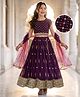 Pine Kids Woven Half Sleeves Lehenga Choli & Dupatta Set With Stone Embellishment - Wine