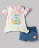ToffyHouse Interlock Knit Half Cold Shoulder Sleeves Top & Shorts Set with Text Print & floral Applique - Sea Green