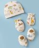 Babyhug 100% Cotton Interlock Knit Cap Mittens & Booties With Jungle Theme Print White - Diameter 11.5 cm