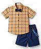 Blabber Half Sleeves Checked Shirt & Shorts Set With Bow & Suspender - Yellow