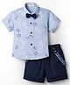 Blabber Half Sleeves Football Theme Printed Shirt & Shorts Set With Bow & Suspender - Sky Blue