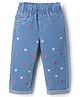 Babyhug Denim Full Length Washed Jeans with Hearts Embroidery in Light/Sky Blue