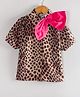 Hugsntugs Cotton Woven Half Sleeves Cheetah Pattern Printed Bow Applique Detailed Shirt Style Top - Brown