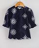 Hugsntugs Cotton Woven Half Puffed Sleeves Floral Embroidered Top - Navy Blue