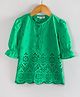 Hugsntugs Cotton Woven Half Puffed Sleeves Floral Schiffli Embroidered Top - Green