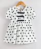 Hugsntugs Cotton Woven Half Puffed Sleeves Polka Dots Printed & Bow Applique Detailed Dress - White
