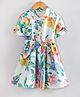 Hugsntugs Cotton Woven Half Sleeves Floral Printed Shirt Style Dress With Belt - White