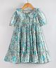Hugsntugs Cotton Woven Half Puffed Sleeves Floral Printed Shirt Style Tiered Dress - Blue